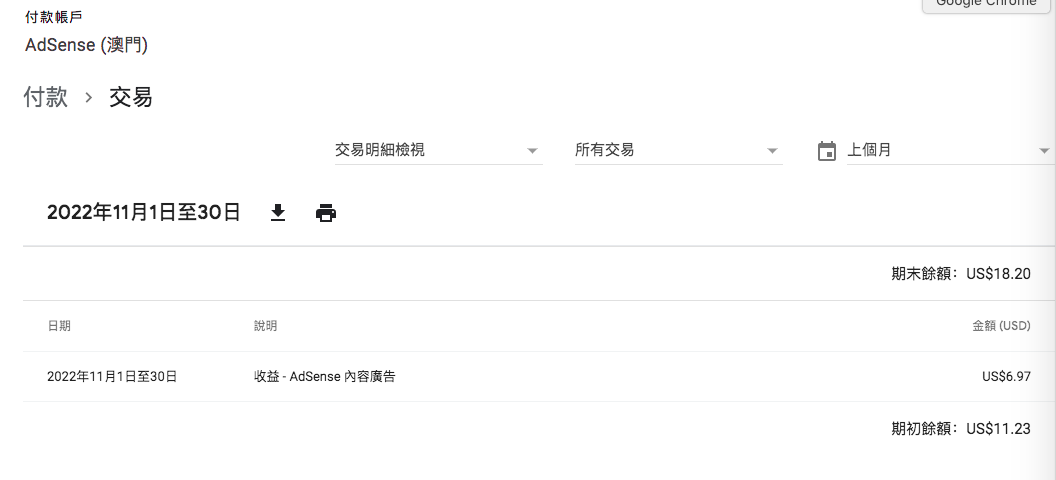 【部落格經營】Google Adsense第五個月結算・11月1日至11月30日廣告收入
